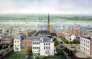 Lucas Place, circa 1865.  Looking east towards the levee with the Mississippi River and Illinois in the background. © Campbell House Foundation 2004