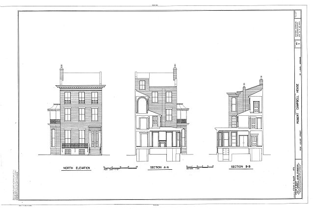 Front, rear and cutaway elevations of Campbell House